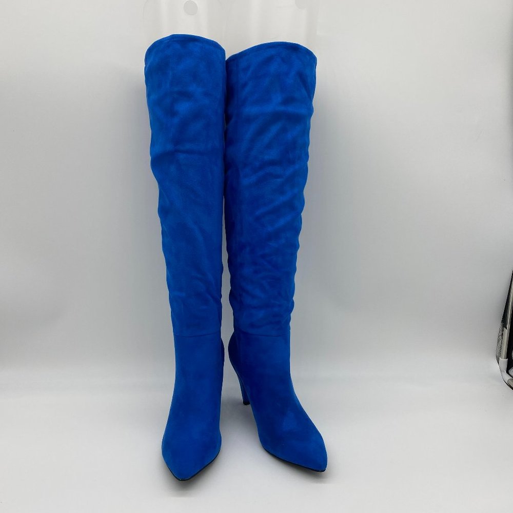 Blue Suede Cone Long Boots Pointy Toe Heels Pumps